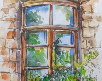 Ventana antigua con flores, acuarela hecha a mano