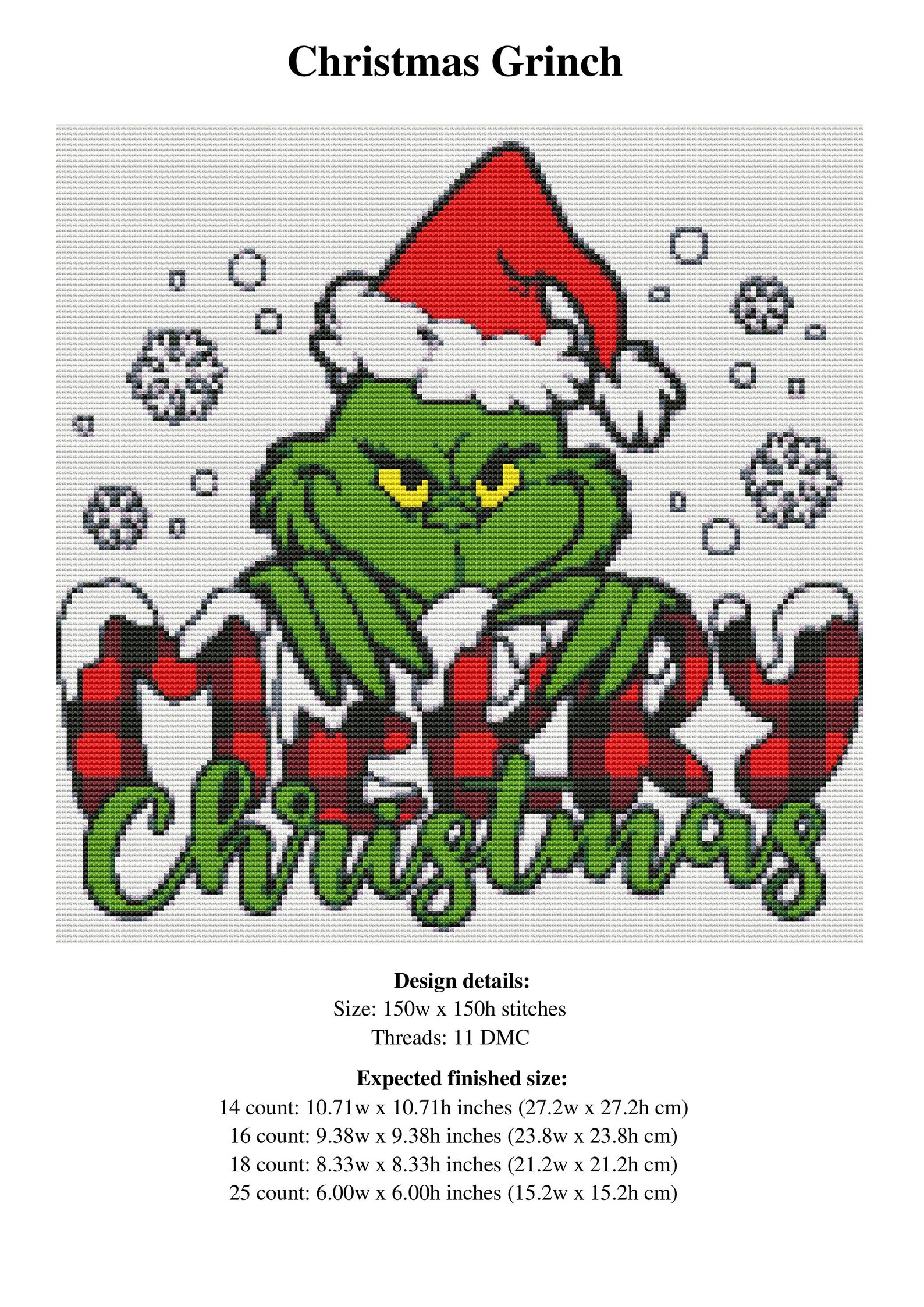 Grinch Cross Stitch Pattern / Christmas Cross Stitch Pattern / Etsy
