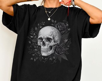 Gothic Skull Shirt, Dark Floral Skull Tee, Rose Skeleton T Shirt, Witchy Gothic Clothing, Vintage Alternative Gift, Edgy Nature Lover Gift