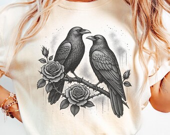 Crow Shirt, Gothic Bird Shirt, Dark Academia Floral Raven T Shirt, Vintage Nature Tee, Witchy Cottagecore Gift for Her