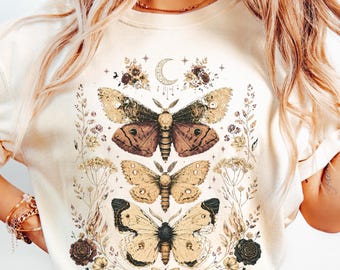Moth Shirt, Vintage Moth Tee, Gothic Botanical Shirt, Celestial Insect T Shirt, Witchy Nature Lover Gift for Her, Dark Cottagecore Clothing