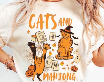 Camiseta de Halloween con gatos y Mahjong en colores cómodos, camiseta de Halloween con gato y Mahjong, regalo para amantes del Mahjong para una noche de juegos, camiseta de otoño para mamás de gatos
