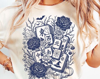 Camiseta de Mahjong de Halloween, Camiseta Mahjong Comfort Colors, Camiseta de la temporada de Halloween, Regalo de Mahjong de otoño, Camiseta con estampado floral de linograbado vintage