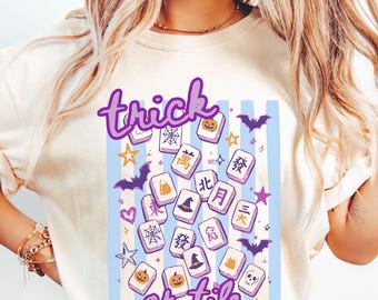Camiseta de Mahjong "Truco o ficha", divertida camiseta de Mahjong para Halloween, regalo para amantes del Mahjong, camiseta de Mahjong espeluznante, camiseta para noche de juegos de otoño, regalo para jugadores de Mahjong