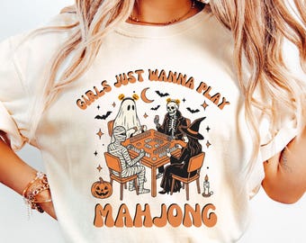Halloween Mahjong Shirt, Comfort Colors Funny Mahjong Tee, Ghouls Playing Mahjong T-Shirt, Mahjong Player Gift, Fall Game Night Gift For Her