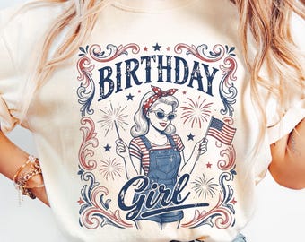Camiseta retro de cumpleaños para niña, colores patrióticos cómodos, camiseta festiva de cumpleaños, rojo, blanco y azul, regalo de cumpleaños para ella.