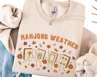 Fall Mahjong Sweatshirt, Kawaii Mahjong Tiles Crewneck, Mahjong Lover Gift, Mahjong Player Sweatshirt, Game Night Gift for Her
