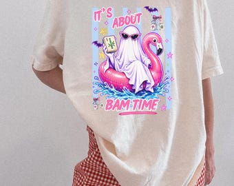 Funny Mahjong Halloween Shirt, It's About Bam Time Shirt, Ghost Mahjong Tee, Pink Flamingo Summerween Shirt, American Mahjong Player Gift