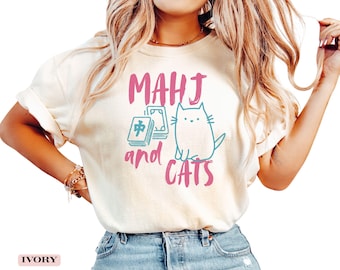 Camiseta de Mahjong y Gatos con Colores Cómodos, Regalo para una Noche de Juegos para Ella, Camiseta para Mamá Gatita