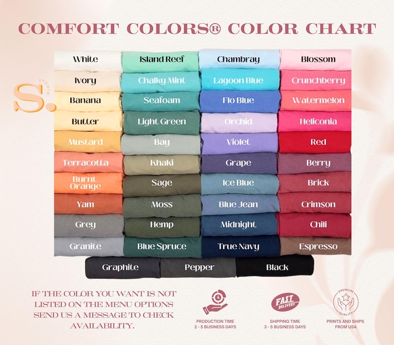 Puede incluir: Una carta de colores Comfort Colors que muestra una cuadr&iacute;cula de muestras de tela dobladas en varios tonos. El texto dice COMFORT COLORS COLOR CHART, seguido de etiquetas para cada color, incluyendo White, Island Reef, Chambray y Blossom.