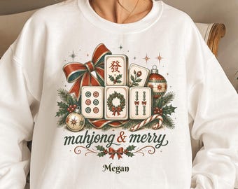 Christmas Mahjong Sweatshirt, Custom Mahjong Player Gift, Personalized Tile Game Shirt, Holiday Crewneck Present
