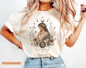 Personalized Virgo Shirt, Boho Zodiac T Shirt, Astrology Birthday Gift, Custom Name, Virgo Season Gift For Her, Celestial Shirt