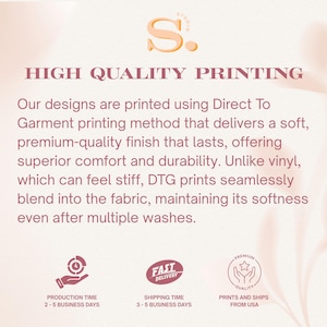 Puede incluir: Un gr&aacute;fico informativo con el texto HIGH QUALITY PRINTING y una descripci&oacute;n del m&eacute;todo de impresi&oacute;n Direct To Garment. El texto explica que las impresiones DTG se integran en la tela para un acabado suave. Incluye iconos de producci&oacute;n.