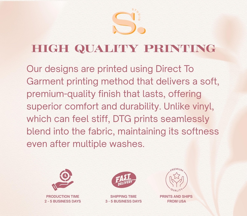 Puede incluir: Un gr&aacute;fico informativo con el texto HIGH QUALITY PRINTING y una descripci&oacute;n del m&eacute;todo de impresi&oacute;n Direct To Garment. El texto explica que las impresiones DTG se integran en la tela para un acabado suave. Incluye iconos de producci&oacute;n.