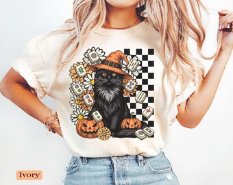 Mahjong Black Cat Shirt, Comfort Colors Mahjong Halloween Shirt, Cat Mom Gift, Mahjong Club T-shirt, Game Night Gift for Her