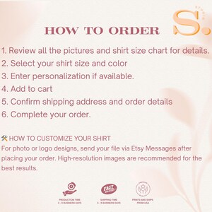 Puede incluir: Un gr&aacute;fico informativo con fondo rosa claro y un logotipo color melocot&oacute;n en la esquina superior derecha. El texto dice: HOW TO ORDER, seguido de una lista numerada de seis pasos y una secci&oacute;n titulada HOW TO CUSTOMIZE YOUR SHIRT con instrucciones.