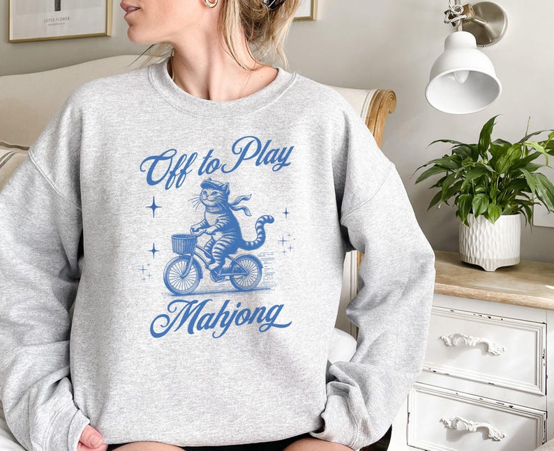 Off to Play Mahjong Sweatshirt, Funny Mahjong Shirt, Cat Mahjong Crewneck, Mahjong Lover Gift, Cozy Game Night Sweater image 2