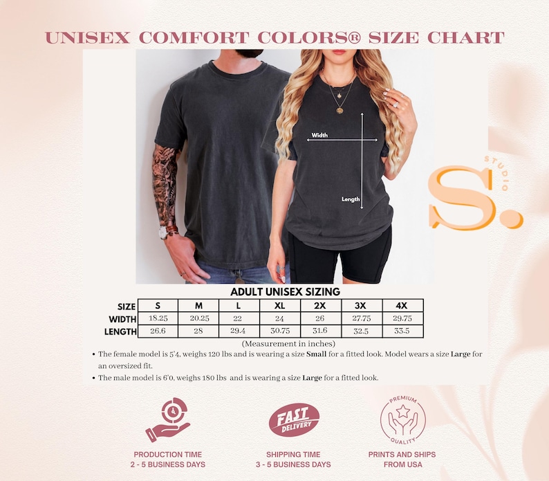 Puede incluir: Una tabla de tallas para camisetas unisex Comfort Colors que incluye una tabla con medidas de ancho y largo en pulgadas para las tallas S a 4X. El gr&aacute;fico muestra a dos modelos con camisetas gris oscuro y un diagrama de puntos de medida.