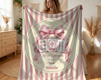 Mahjong Gift Ideas Personalized Merry Mahjong Blanket, Custom Mahjong Throw, Christmas Mahjong Gift For Her, Holiday Game Room Decor