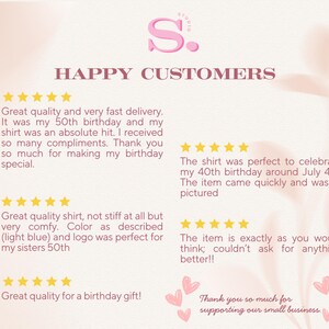 Puede incluir: Un gr&aacute;fico de rese&ntilde;as de clientes con el texto S. STUDIO y HAPPY CUSTOMERS en rosa. Se muestran cinco testimonios, cada uno acompa&ntilde;ado de cinco estrellas amarillas. El texto incluye comentarios sobre camisetas de cumplea&ntilde;os, calidad y entrega.