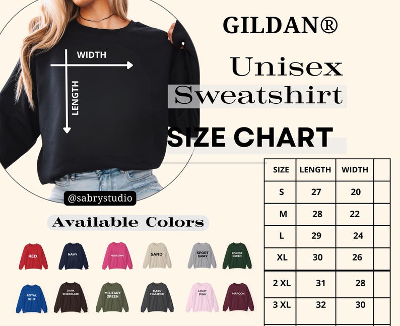Op de afbeelding: Zwart unisex sweatshirt met maattabel en beschikbare kleuren. De maattabel toont afmetingen in centimeters: S (lengte 69 cm, breedte 51 cm), M (lengte 71 cm, breedte 56 cm), L (lengte 74 cm, breedte 61 cm), XL (lengte 76 cm, breedte 66 cm), 2XL (lengte 79 cm, breedte 71 cm), 3XL (lengte 81 cm, breedte 76 cm).