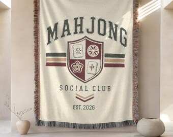 Mahjong Social Club Woven Throw Blanket, Custom Mahjong Game Night Gift, Personalized Throw Blanket, Mahjong Player Gift, Vintage Home Decor