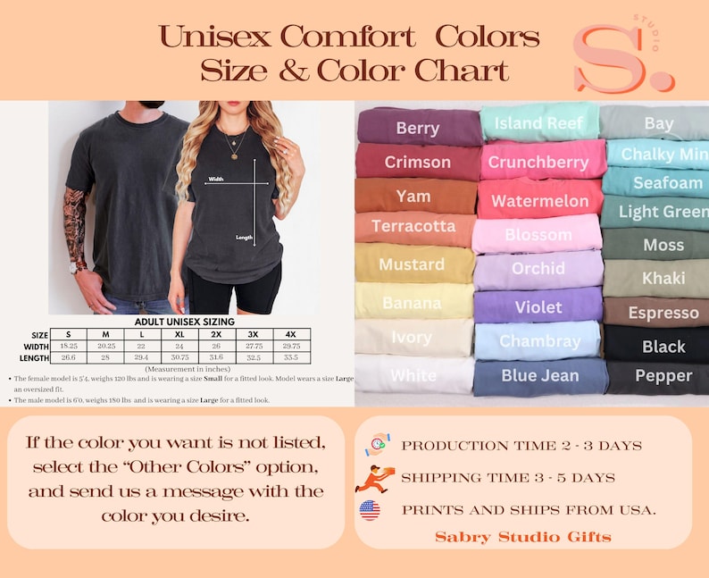 May include: Unisex Comfort Colors size and color chart. Includes a color palette with shades like Berry, Crimson, and Blue Jean. Also features a size chart with measurements in inches and models wearing the shirts.