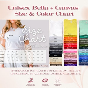 Op de afbeelding: Een maat- en kleurentabel voor Unisex Bella + Canvas T-shirts met korte mouwen. De tabel bevat een maattabel in inches, kleurstalen en de tekst "Sabuy Studio Gifts". De afbeelding bevat ook de tekst "Unisex Bella + Canvas Size & Color Chart".