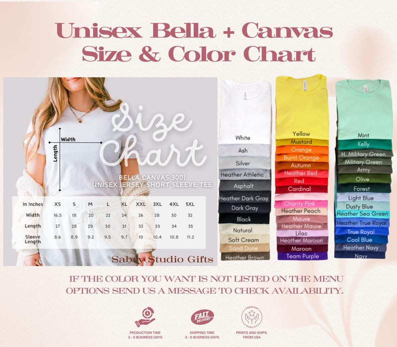 Op de afbeelding: Een maat- en kleurentabel voor Unisex Bella + Canvas T-shirts met korte mouwen. De tabel bevat een maattabel in inches, kleurstalen en de tekst "Sabuy Studio Gifts". De afbeelding bevat ook de tekst "Unisex Bella + Canvas Size & Color Chart".