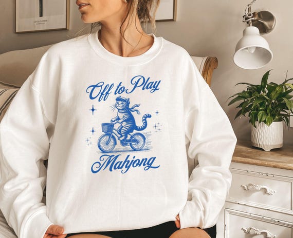 Off to Play Mahjong Sweatshirt, Funny Mahjong Shirt, Cat Mahjong Crewneck, Mahjong Lover Gift, Cozy Game Night Sweater