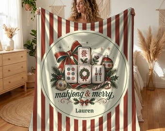 Personalized Mahjong & Merry Blanket, Custom Mahjong Gift, Christmas Mahjong Gift, Game Night Gift for Her, Cozy Holiday Game Room Decor