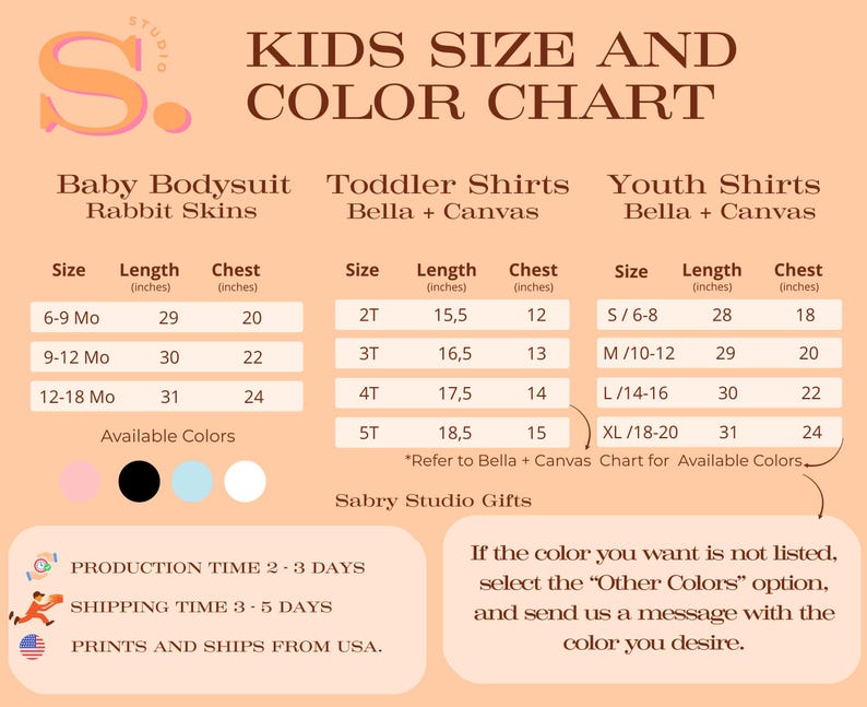 以下が含まれることがあります： 「KIDS SIZE AND COLOR CHART」と書かれたベージュ色のチャートで、ベビーボディスーツ、幼児用シャツ、ユースシャツのサイズと測定情報が表示されています。測定値はインチです。利用可能な色はサイズチャートの下にリストされています。