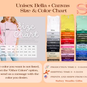 以下が含まれることがあります： ユニセックスBella + Canvas大人用ヘビーウェイトTシャツのサイズとカラーチャート。チャートにはインチ単位の測定値、カラーサンプル、および「ご希望の色がリストにない場合は、「その他の色」オプションを選択し、ご希望の色でメッセージを送信してください」というテキストが含まれています。
