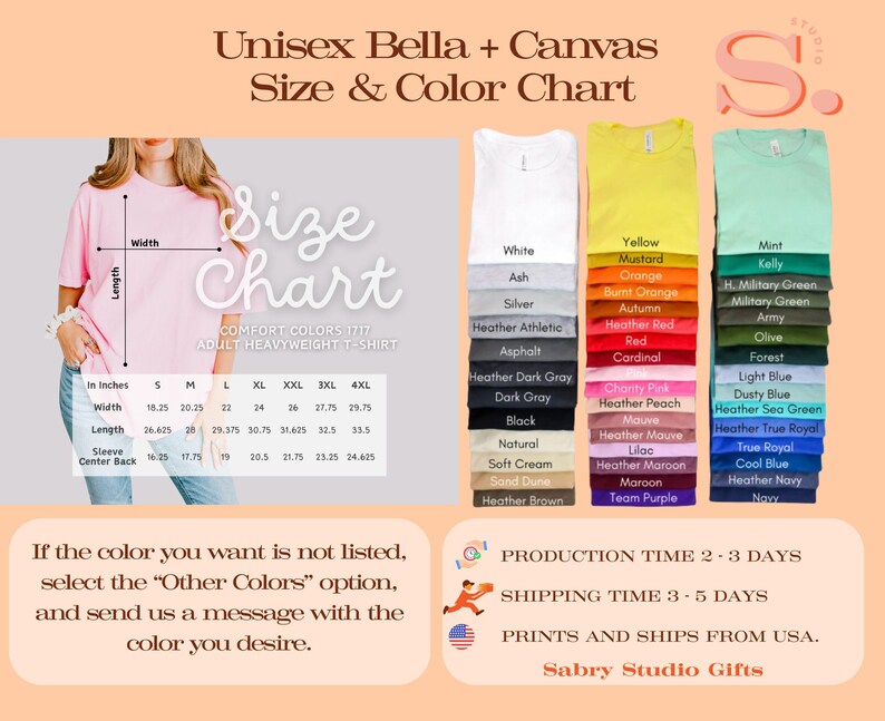 以下が含まれることがあります： ユニセックスBella + Canvas大人用ヘビーウェイトTシャツのサイズとカラーチャート。チャートにはインチ単位の測定値、カラーサンプル、および「ご希望の色がリストにない場合は、「その他の色」オプションを選択し、ご希望の色でメッセージを送信してください」というテキストが含まれています。