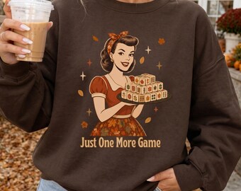Mahjong Sweatshirt, Just One More Game Sweatshirt, Fall Mahjong Shirt, Mahjong Lover Gift, Mahjong Game Night Gift for Her, Retro Sweatshirt