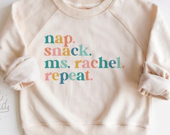 Nap Snack Ms. Rachel Repeat Toddler Sweatshirt Cute Kids Pullover Funny Natural Toddler Crewneck Ms. Rachel Baseball Raglan Shirt for Kids
