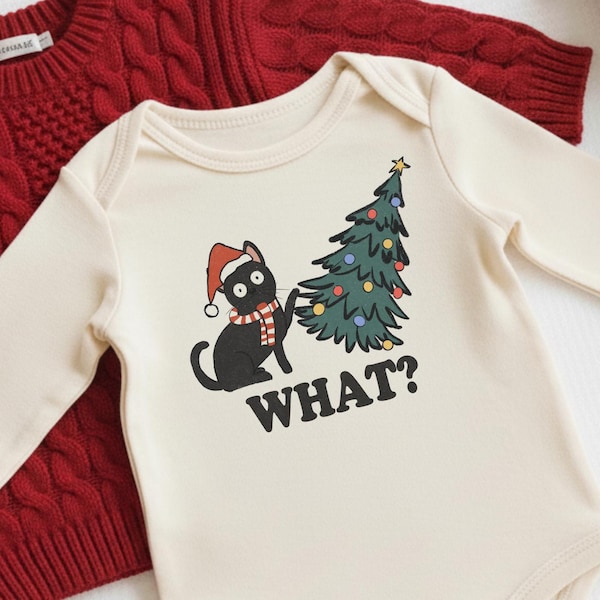 Funny Christmas Baby Bodysuit - Black Cat Holiday Onesie® - Cute Xmas Outfit for Baby Boy or Girl - Retro Christmas Tree Onesie®
