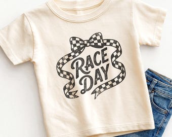 Race Day Kids Shirt - Cute Checkered Bow Toddler Tee
