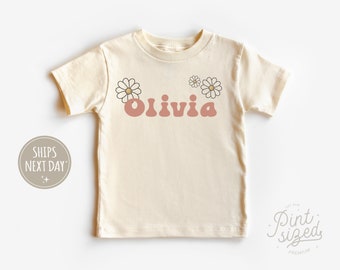 Personalized Girls Name Toddler Shirt - Custom Retro Flowers Natural Kids Shirt - Cute Daisy Name Shirt