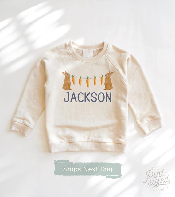 Kids Easter Sweatshirt Personalized Name Easter Bunny Shirt Spring Natural Crew Neck Custom Easter Toddler Tee