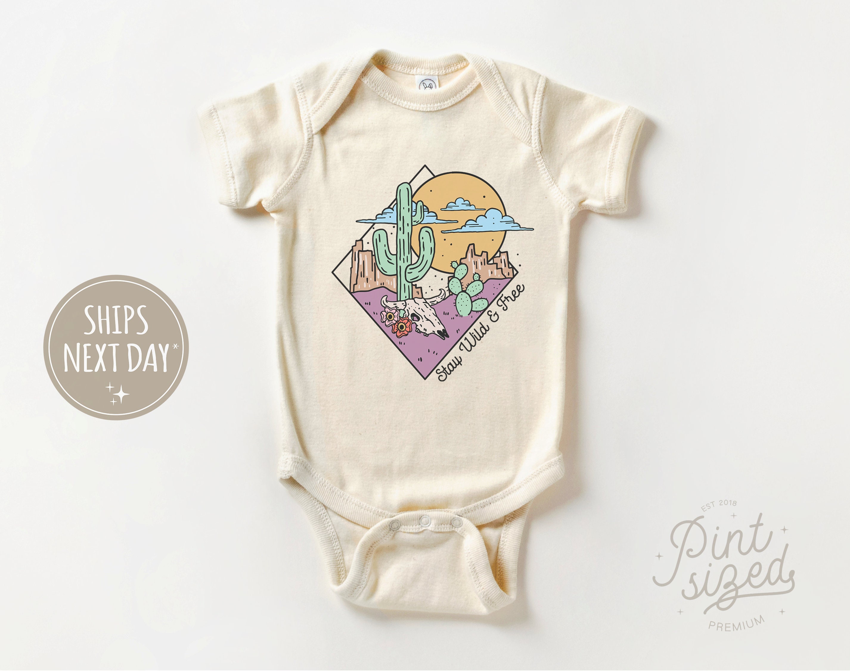 Discover Stay Wild and Free Baby Onesie - Boho Western Bodysuit - Cute Natural Desert Onesie