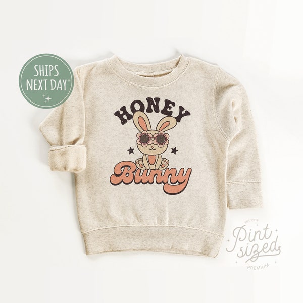 Honey Bunny Sweatshirt - Retro Easter Pullover - Girls Natural Crew Neck