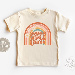 Young, Wild & Three Kids Shirt - Girls Retro Rainbow Birthday Tee - Third Birthday Natural Toddler Shirt