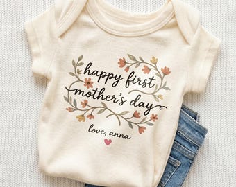 Personalized Happy First Mother's Day Baby Onesie - Custom Floral Bodysuit Gift for New Mom