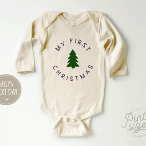My First Christmas Baby Long Sleeve Onesie® Cute Modern Christmas Baby Onesie® Natural Christmas Bodysuit image 1