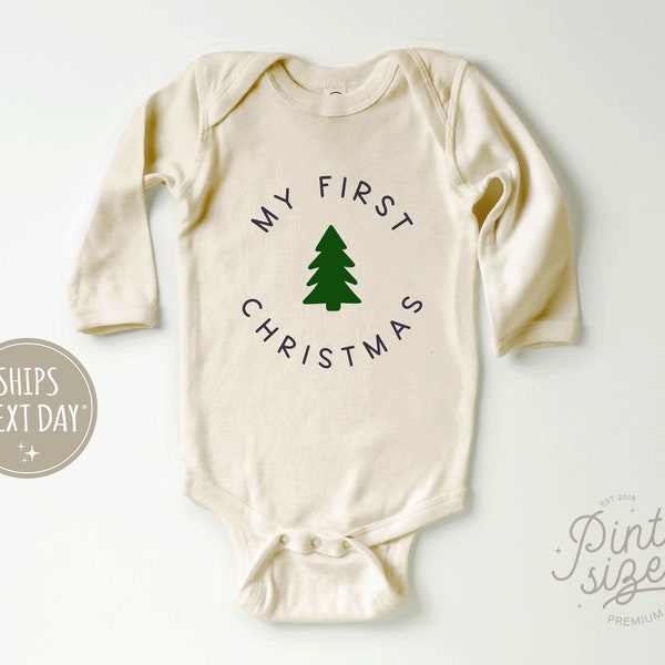 My First Christmas Baby Long Sleeve Onesie® - Cute Modern Christmas Baby Onesie® - Natural Christmas Bodysuit