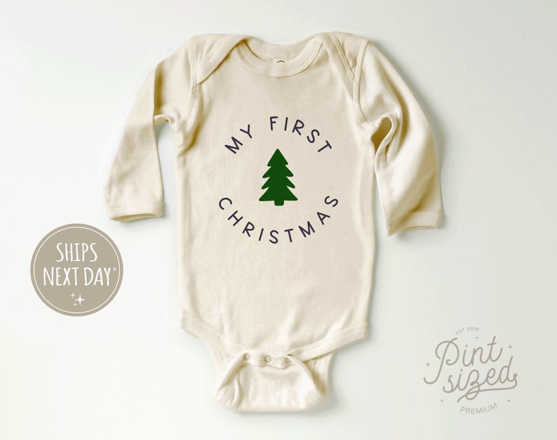 My First Christmas Baby Long Sleeve Onesie® Cute Modern Christmas Baby Onesie® Natural Christmas Bodysuit image 1