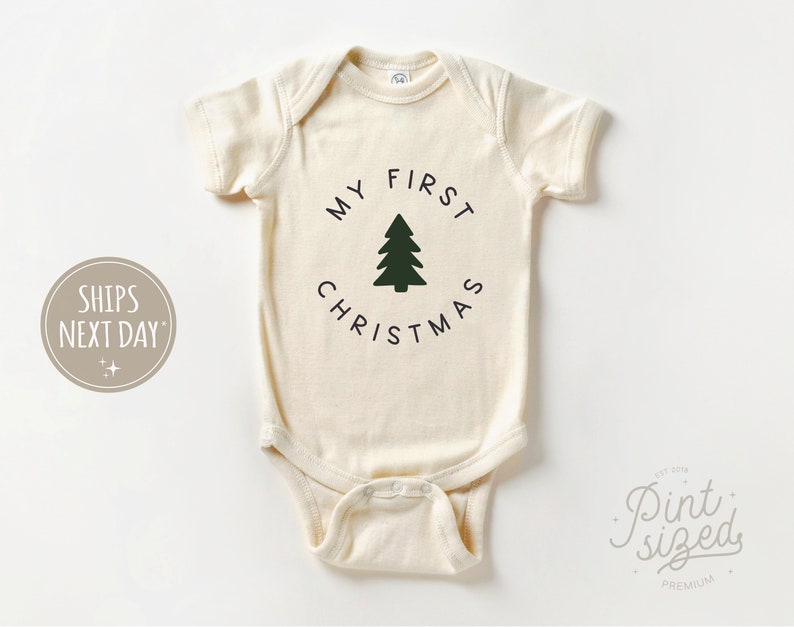 My First Christmas Baby Long Sleeve Onesie® Cute Modern Christmas Baby Onesie® Natural Christmas Bodysuit image 2
