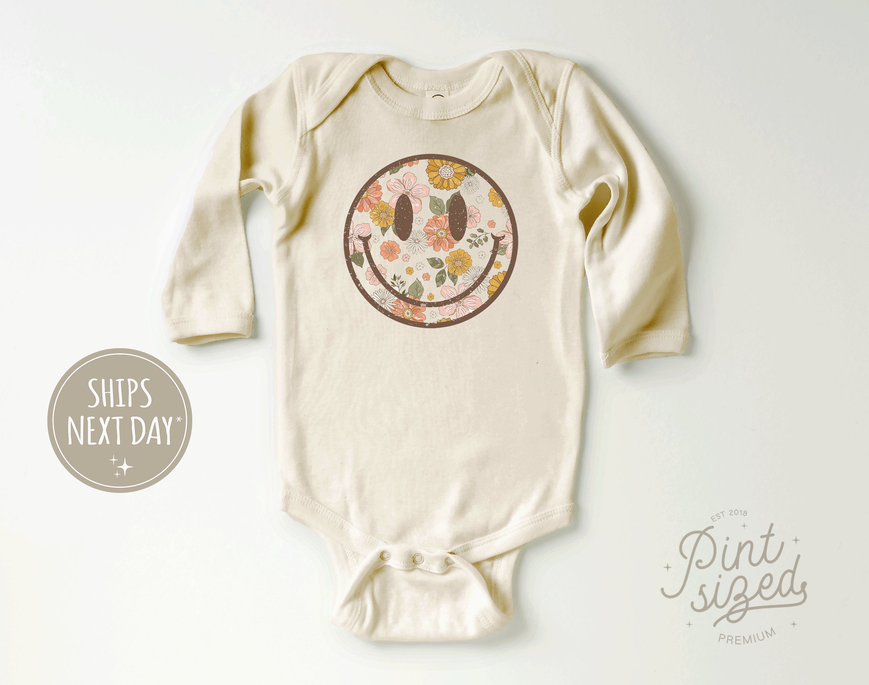 Discover Retro Smiley Face Baby Onesie - Floral Hippie Bodysuit - Spring Natural Onesie