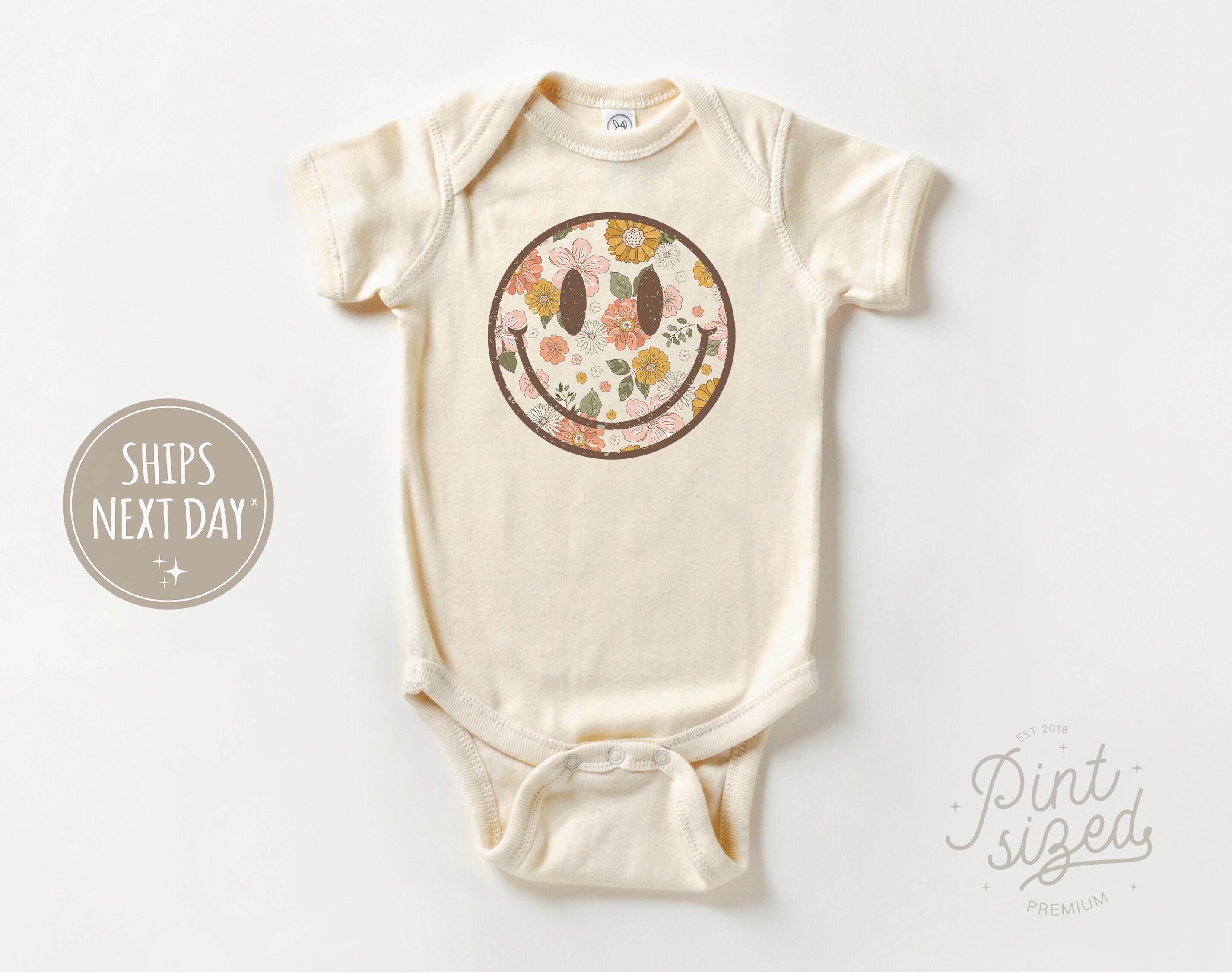 Discover Retro Smiley Face Baby Onesie - Floral Hippie Bodysuit - Spring Natural Onesie